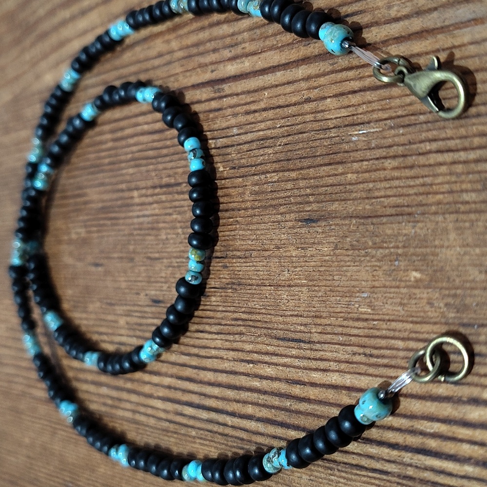 Black and Turquoise Beaded Necklace, Handmade Men's Necklace, Black - Picture 3 of 6